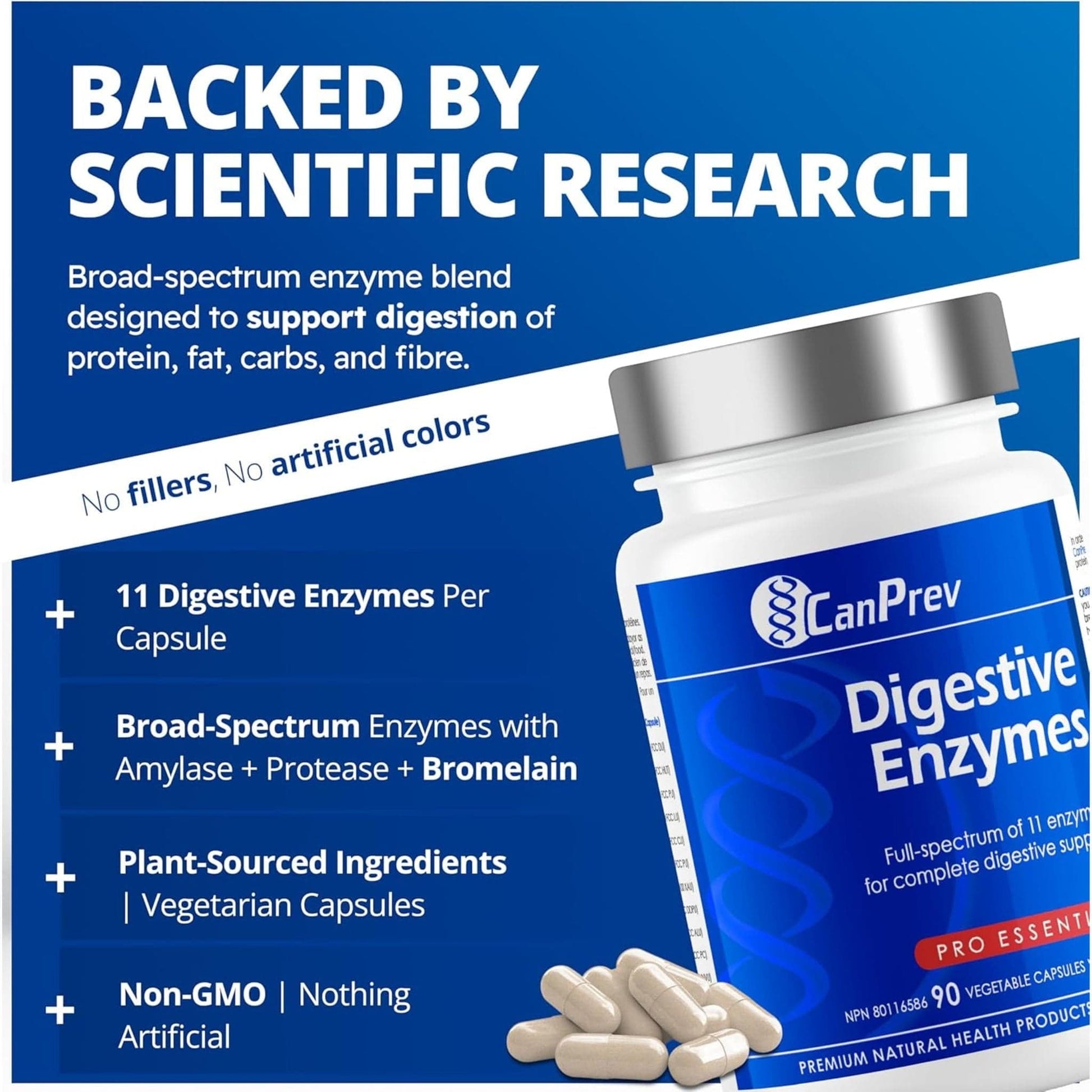 90 Vegetable Capsules | CanPrev Digestive Enzymes, Full-spectrum of 11 Enzymes for Complete Digestive Support