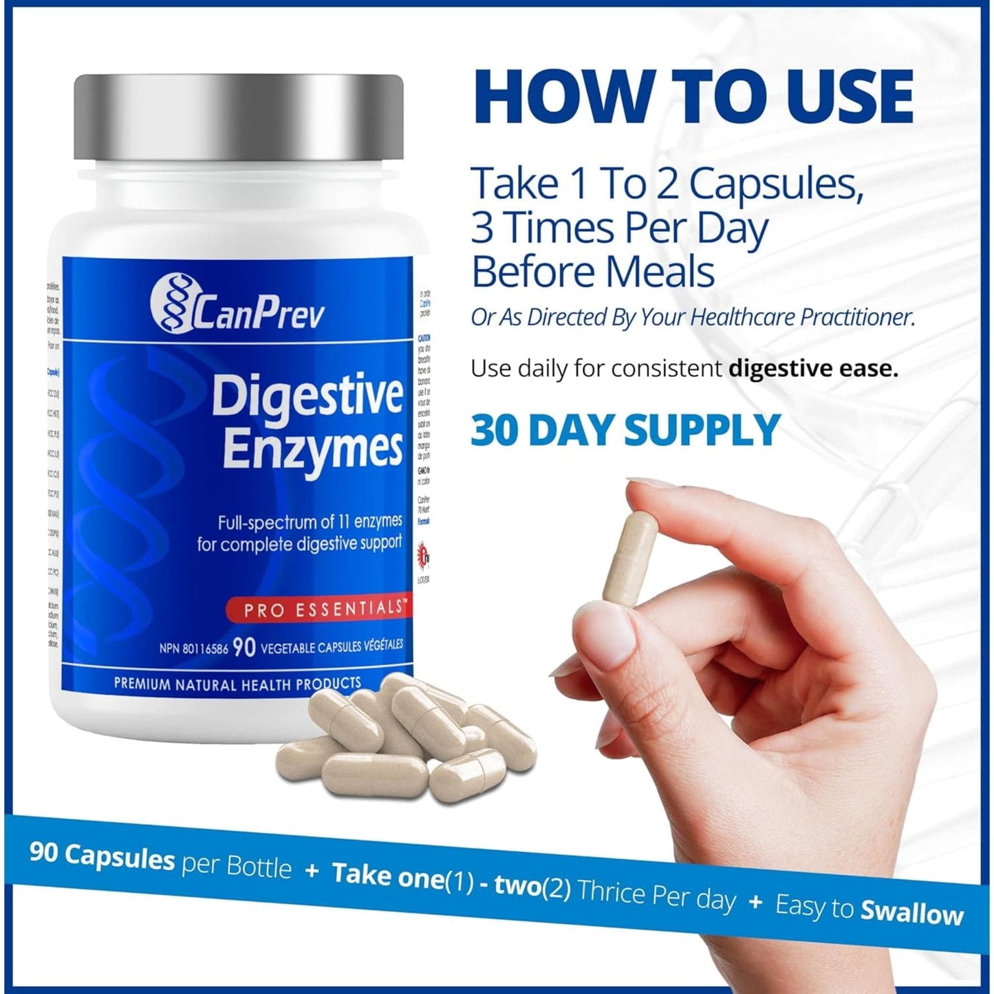 90 Vegetable Capsules | CanPrev Digestive Enzymes, Full-spectrum of 11 Enzymes for Complete Digestive Support