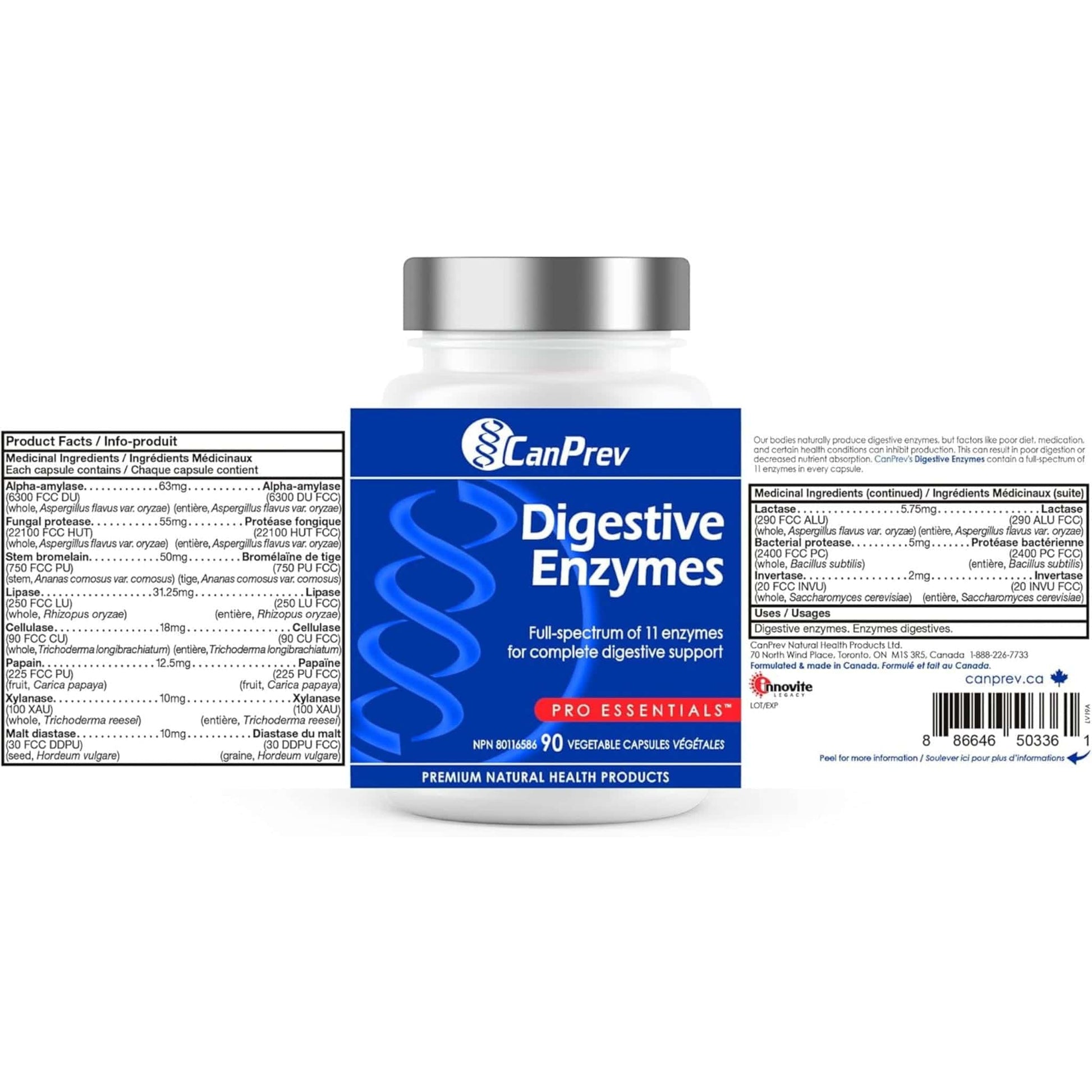 90 Vegetable Capsules | CanPrev Digestive Enzymes, Full-spectrum of 11 Enzymes for Complete Digestive Support
