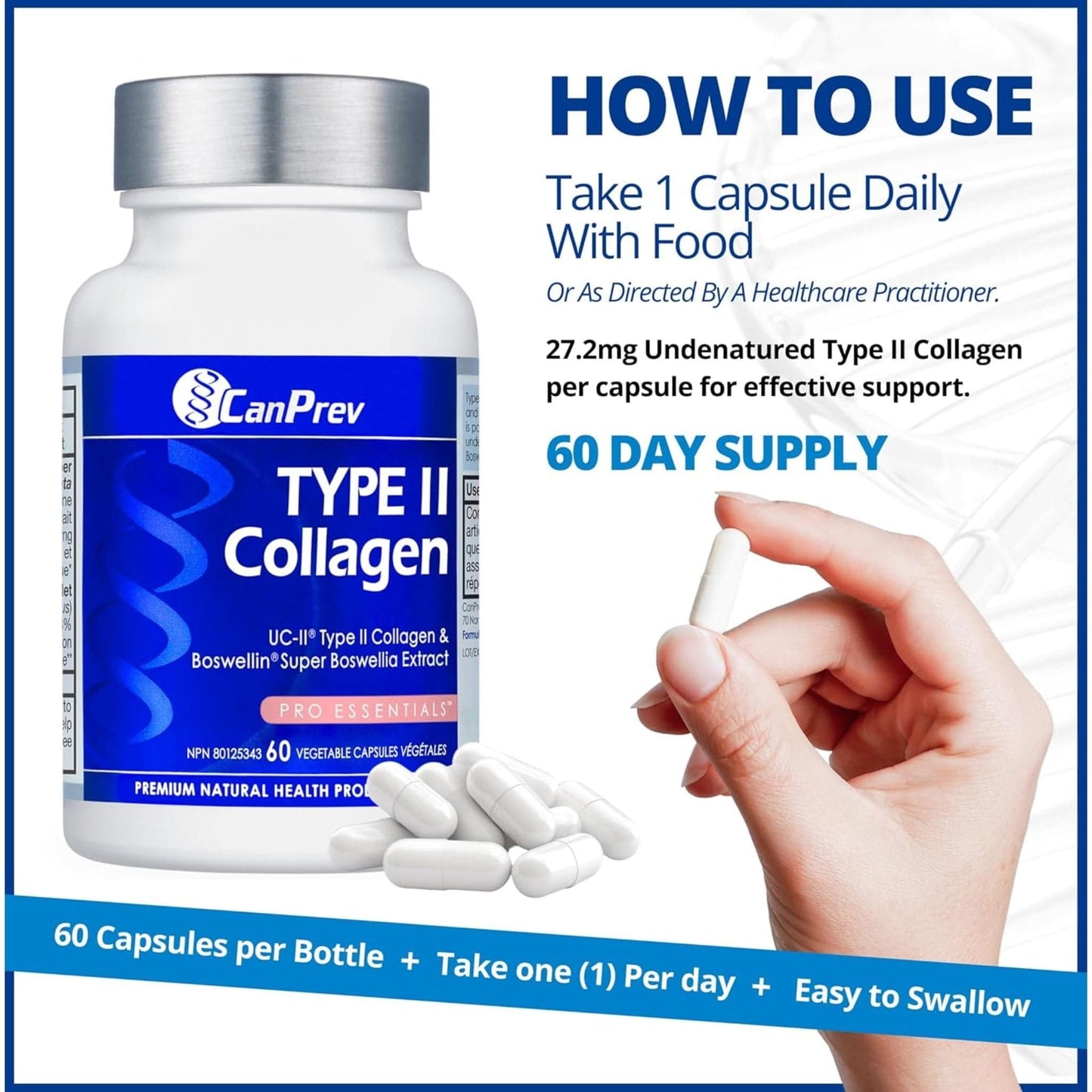 60 Vegetable Capsules | CanPrev Type II Collagen, Supports Joint Health