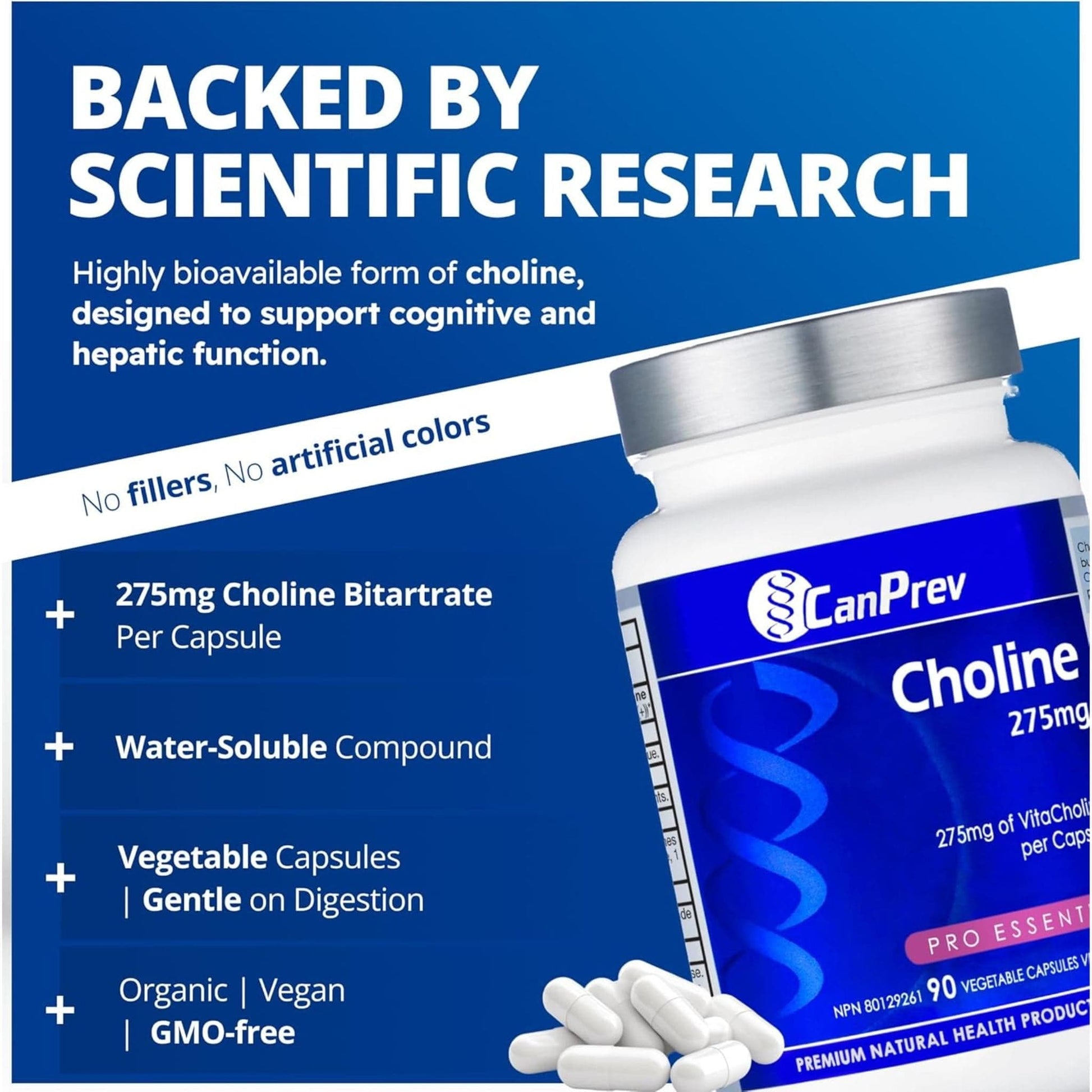 90 Vegetable Capsules | CanPrev Choline 275mg, Helps to Support Liver Function, Brain and Cardiovascular Health