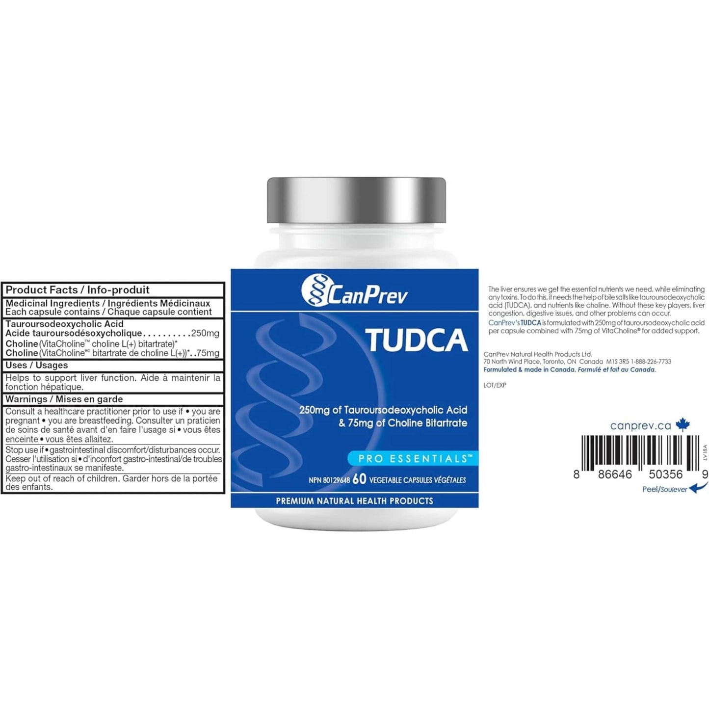 60 Vegetable Capsules | CanPrev TUDCA 250mg Tauroursodeoxycholic  Acid with Choline Bitartrate 75mg
