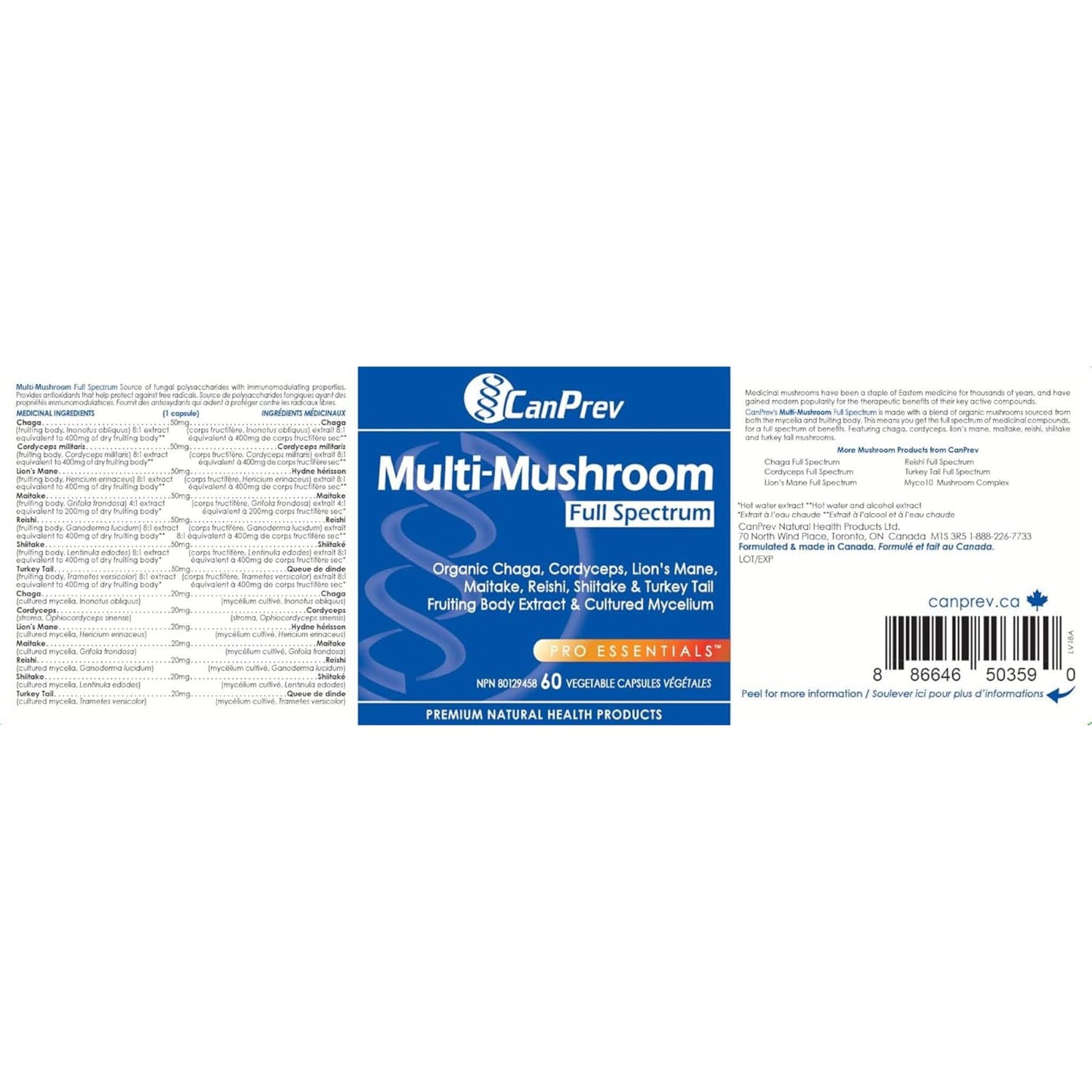 60 Vegetable Capsules | CanPrev Multi-Mushroom Full Spectrum