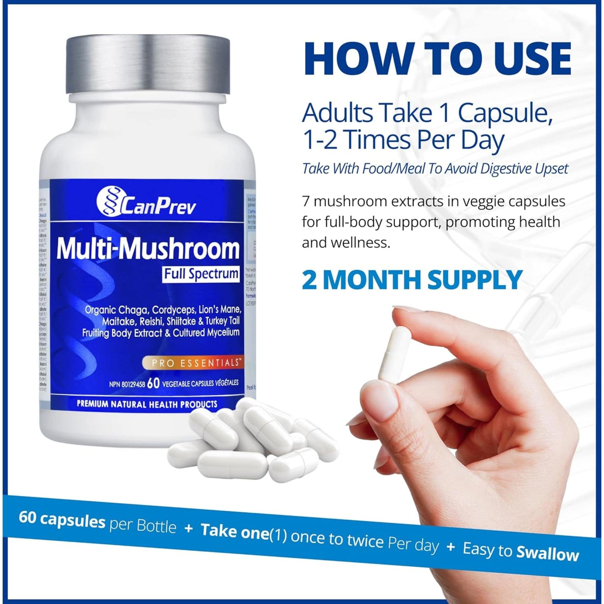 60 Vegetable Capsules | CanPrev Multi-Mushroom Full Spectrum