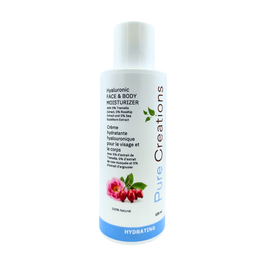 Pure Creations Face and Body Hyaluronic Moisturizer with Triple-Weight Hyaluronic Acid, 5% Tremella, Rosehip and Sea Buckthorn, 125ml