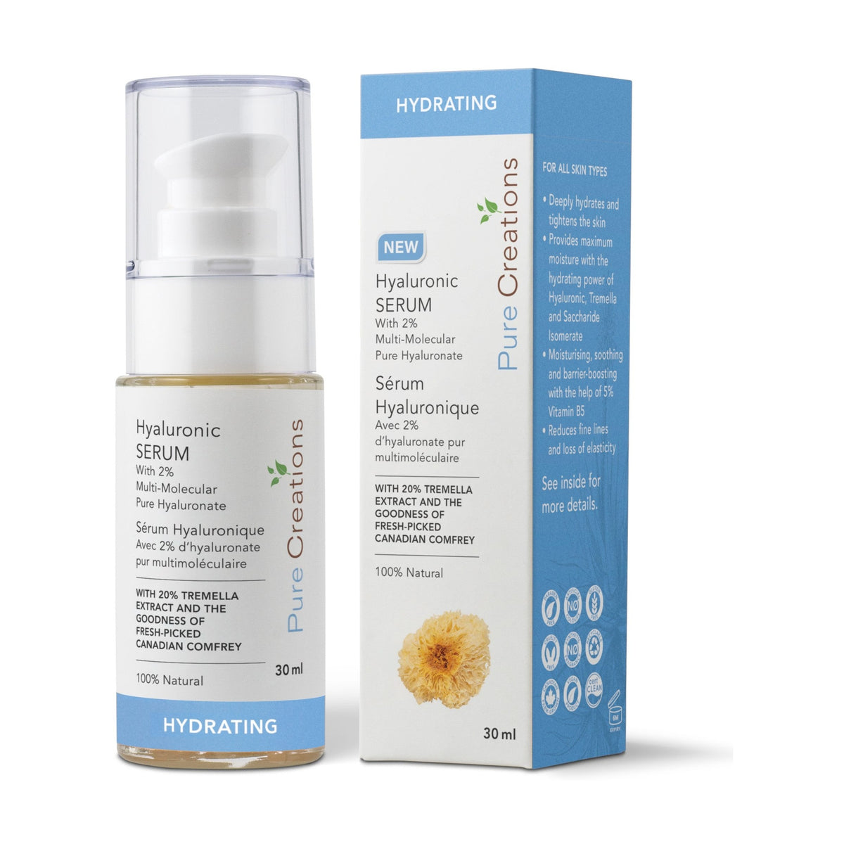 Pure Creations Hyaluronic Serum with 2% Multimolecular Hyaluronic Acid, 20% Tremella and 5% Vitamin B5, Intense Hydration, 30ml
