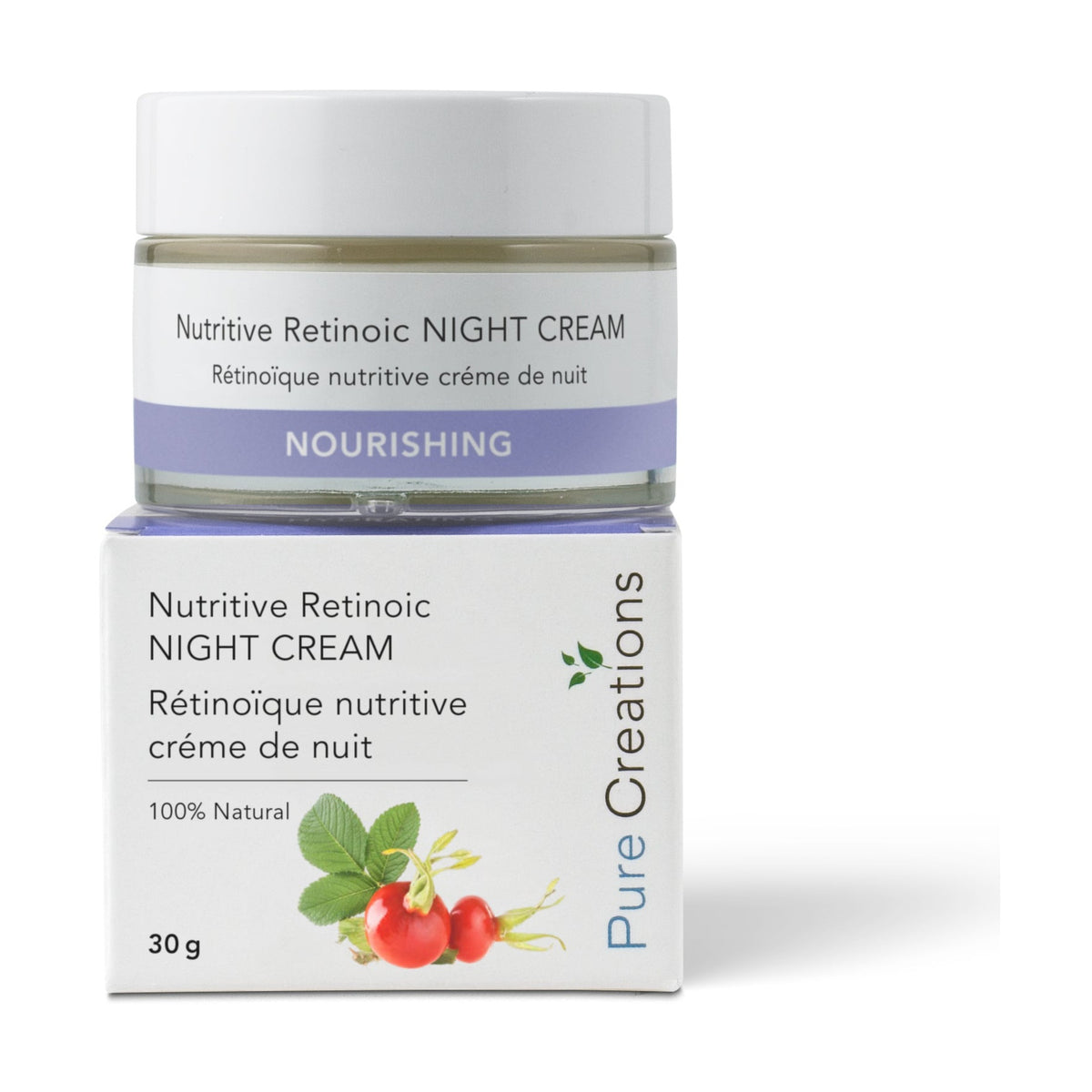 Pure Creations Nutritive Retinoic Night Cream with Bakuchiol (Plant-Based Bio-Retinol), Beta Glucan, Hyaluronic Acid and 5% Rosehip, 30g