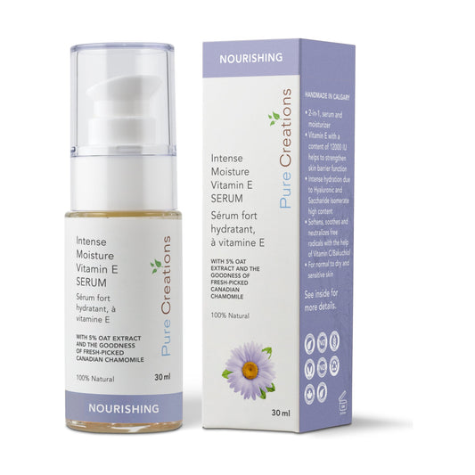 Pure Creations Intense Moisture Vitamin E Serum, 2-in-1 Serum and Moisturizer with Bakuchiol, Vitamin C, Hyaluronic Acid and 5% Oat, 30ml