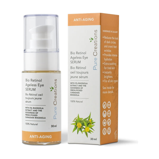 Pure Creations Bio-Retinol Ageless Eye Serum with Bakuchiol, 5% Peptide, 5% Rhodiola and Vitamin C Complex, for Dark Circles and Crow’s Feet, 30ml