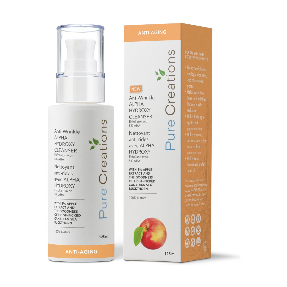 Pure Creations Anti-Wrinkle Alpha Hydroxy Cleanser with 5% AHAs, 5% Apple Extract, Willow Bark, Hyaluronic Acid and Prebiotics, 125ml