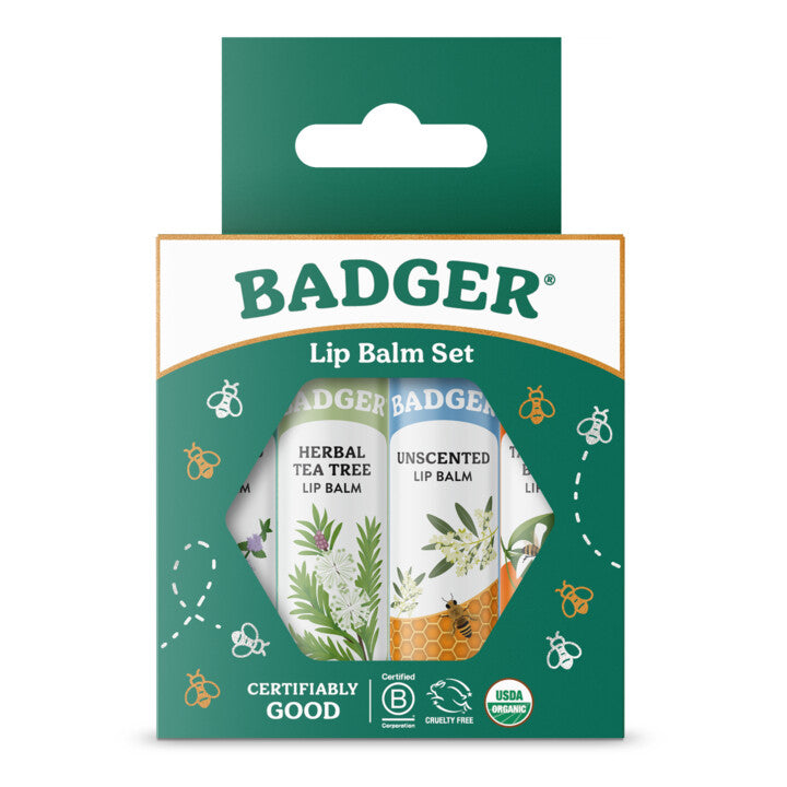 Badger Classic Lip Balm 4-Pack - Green Box: Tea Tree & Lemon, Unscented, Tangerine, Mint