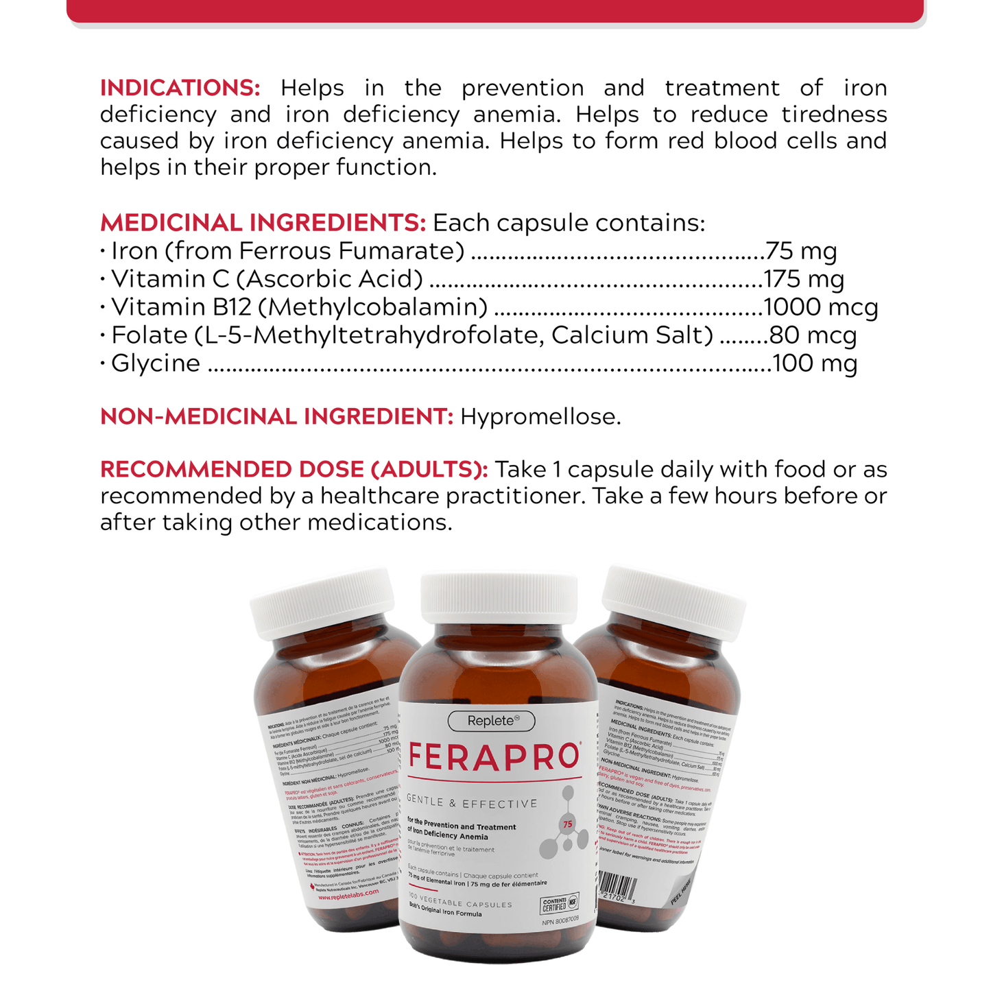 100 Vegetable Capsules | Replete Labs FERAPRO 75 for the Prevention and Treatment of Iron Deficiency Anemia