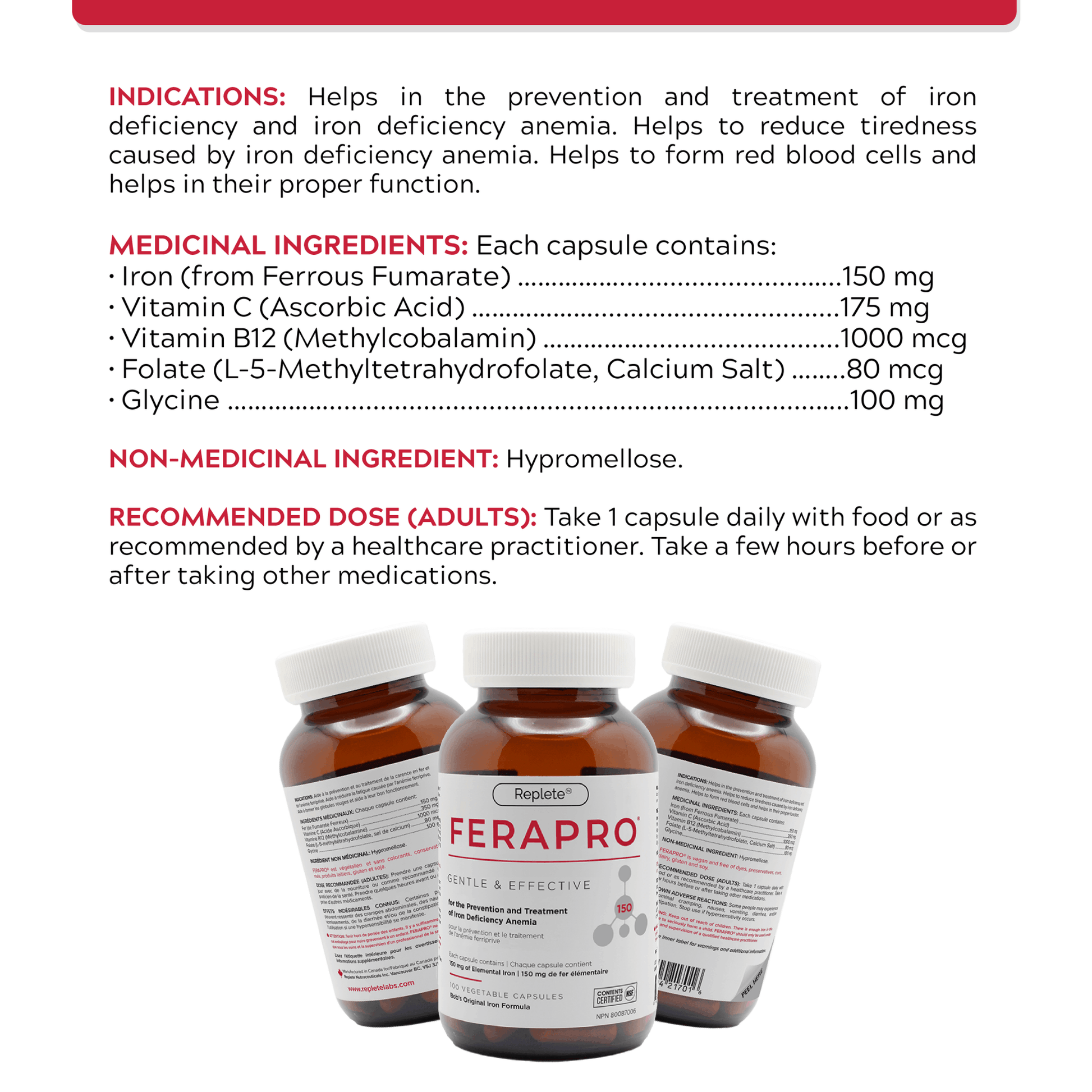 100 Vegetable Capsules | Replete Labs Ferapro 150 High-Dose Iron Supplement