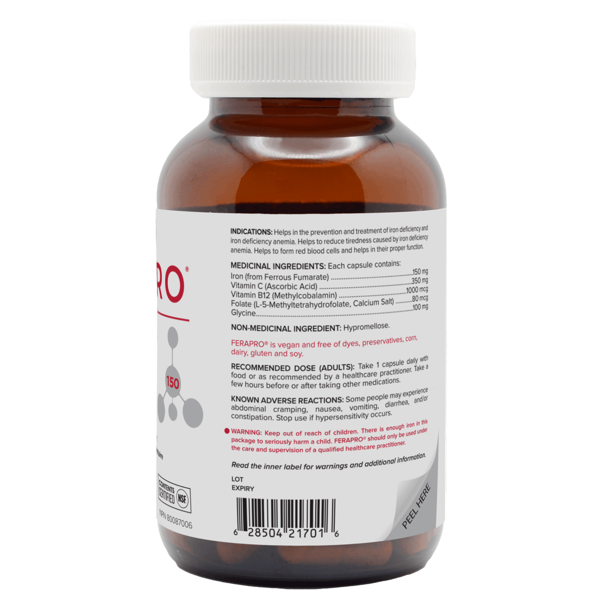 100 Vegetable Capsules | Replete Labs Ferapro 150 High-Dose Iron Supplement