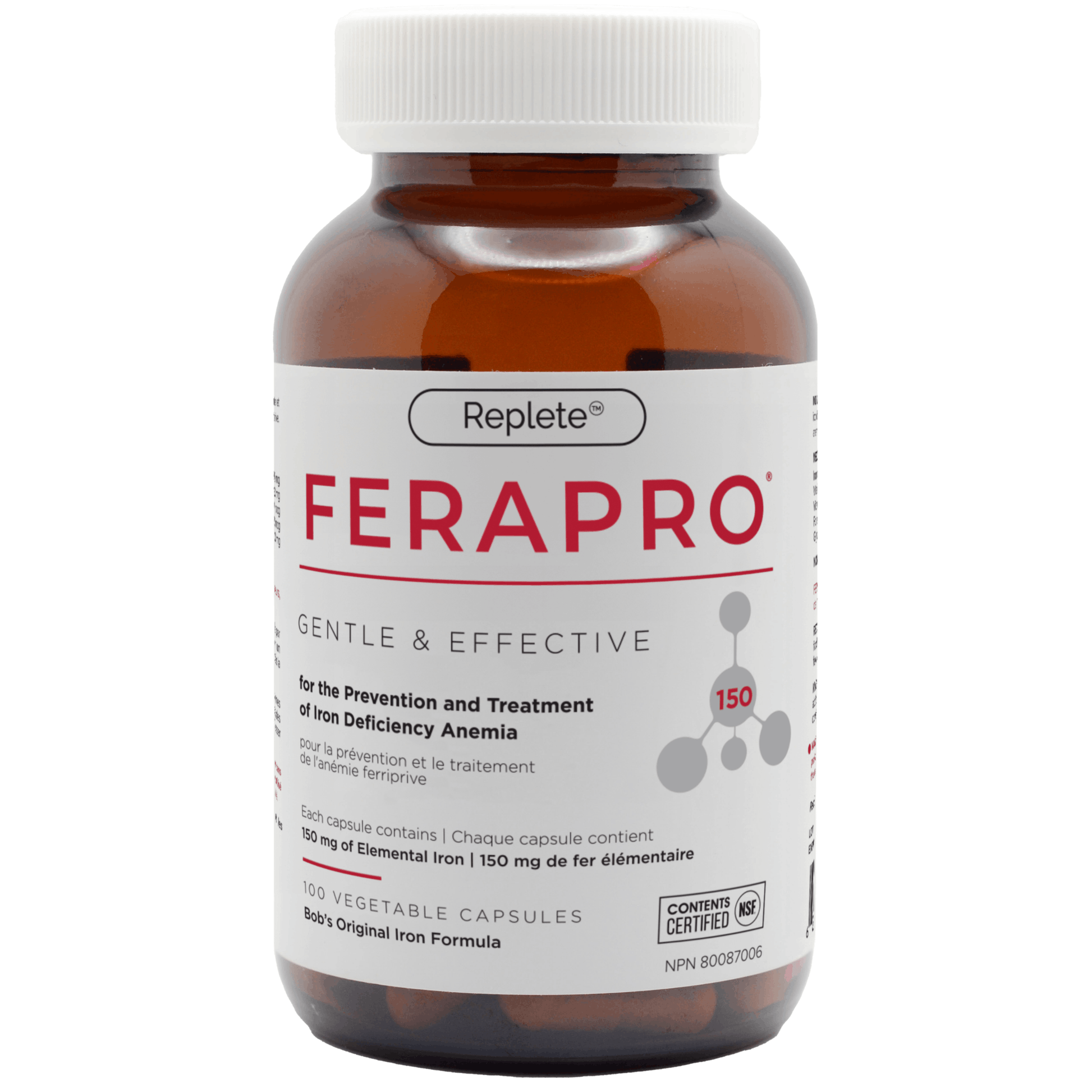 100 Vegetable Capsules | Replete Labs Ferapro 150 High-Dose Iron Supplement