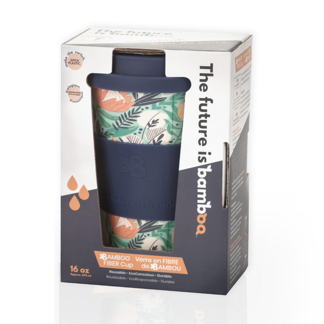 The Future Is Bamboo B. Café Reusable Bamboo Fibre Coffee Cup with Silicone Lid and Sleeve, 16 oz, Sugar Bush, Take Your Time, Onyx Marble or Feline Fine - Sugar Bush