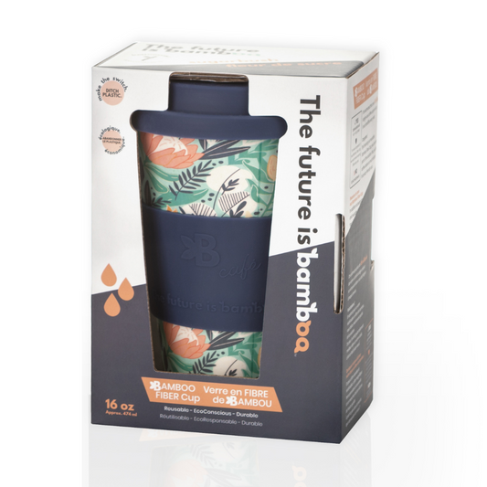 The Future Is Bamboo B. Café Reusable Bamboo Fibre Coffee Cup with Silicone Lid and Sleeve, 16 oz, Sugar Bush, Take Your Time, Onyx Marble or Feline Fine - Sugar Bush