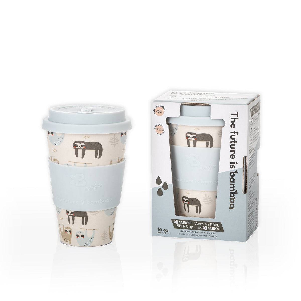 The Future Is Bamboo B. Café Reusable Bamboo Fibre Coffee Cup with Silicone Lid and Sleeve, 16 oz, Sugar Bush, Take Your Time, Onyx Marble or Feline Fine - Take Your Time