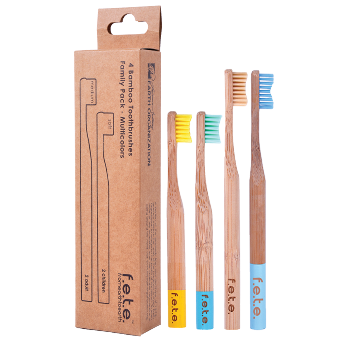 F.E.T.E. Bamboo Toothbrush 4-Pack – Fantastic Family (2 Adult Medium + 2 Kids Soft)
