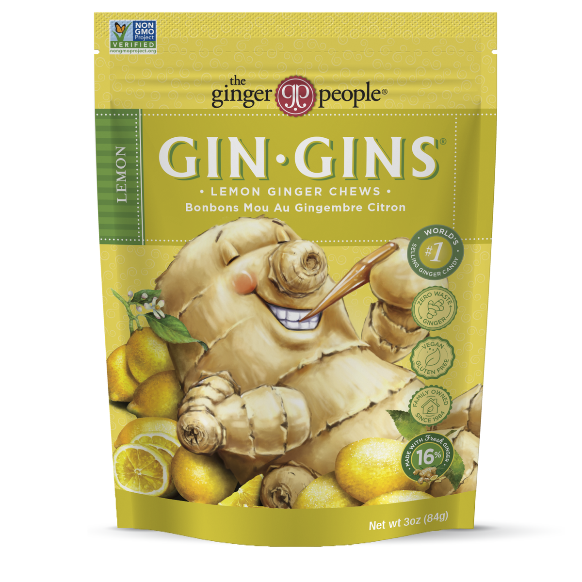 The Ginger People Gin Gins Chewy Ginger Candy, Full Case (Choose Flavour and Size) - Lemon Ginger Chews, 12 x 84g