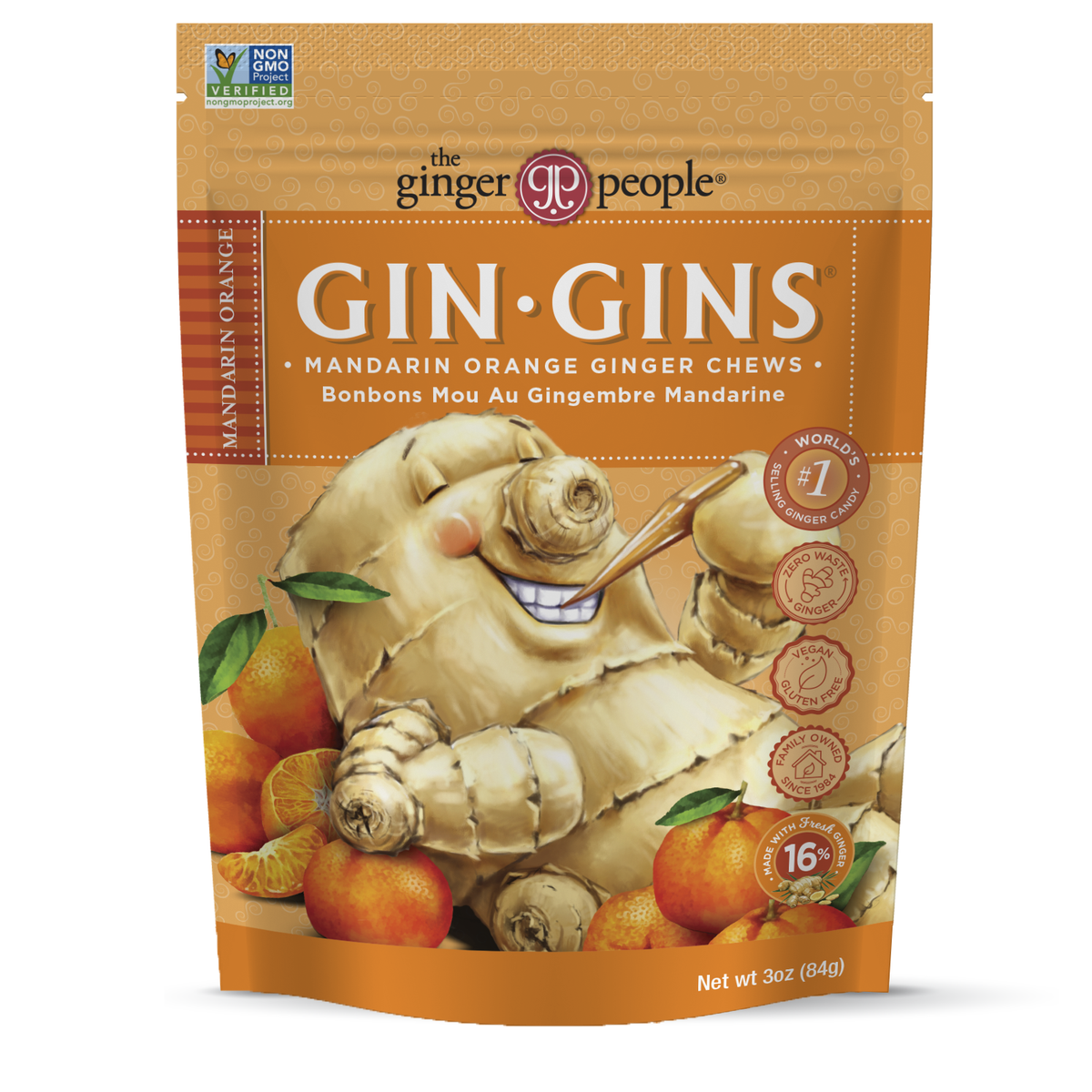 The Ginger People Gin Gins Chewy Ginger Candy, Full Case (Choose Flavour and Size) - Mandarin Orange Ginger Chews, 12 x 84g