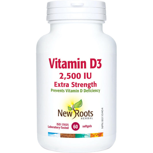 60 Softgels | New Roots Herbal Vitamin D3 2,500 IU Extra Strength