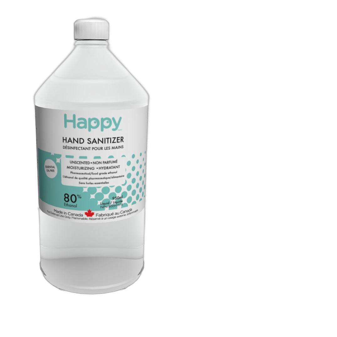Happy Natural Hand Sanitizer, 80% Alcohol, Unscented with Glycerin, 59ml, 250ml or 950ml - 950ml