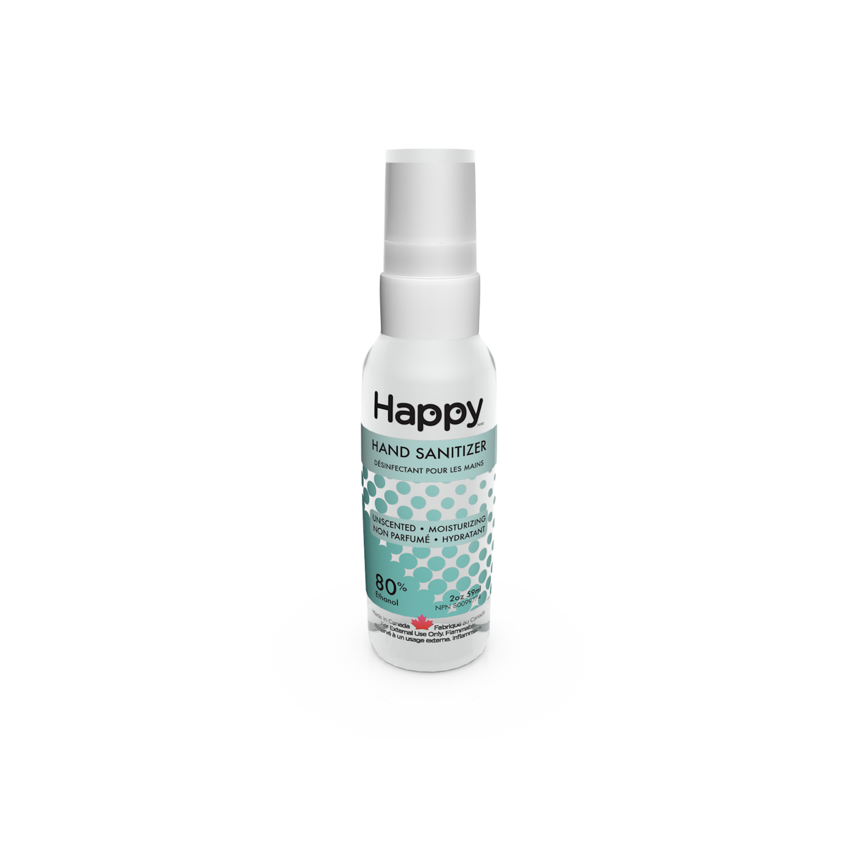 Happy Natural Hand Sanitizer, 80% Alcohol, Unscented with Glycerin, 59ml, 250ml or 950ml - 59ml