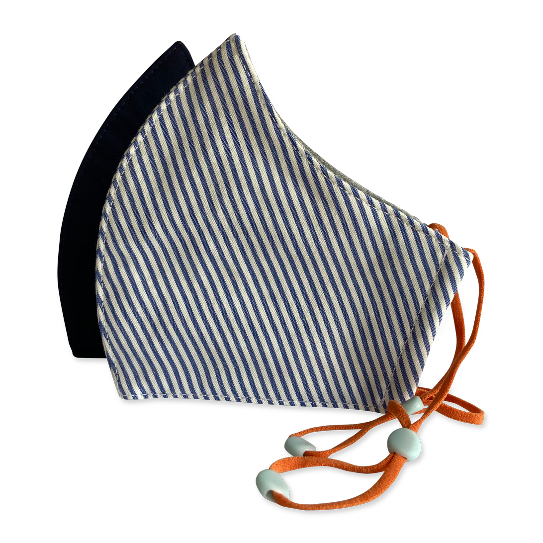 Happy Natural Kids 3 Layer Organic Cotton Face Mask with Filter Layer, Non-Medical, Ages 3 to 8, 2-Pack, Navy Stripes, Green Blue Check or Black - Navy Stripes