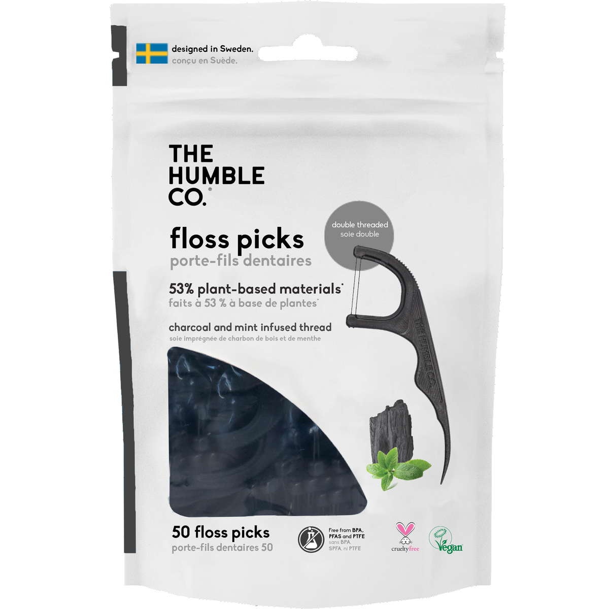 The Humble Co. Dental Floss Picks, Mint or Charcoal Mint, Case of 4 x 50 or 4 x 150 Picks - Charcoal Mint, 4 x 50 picks