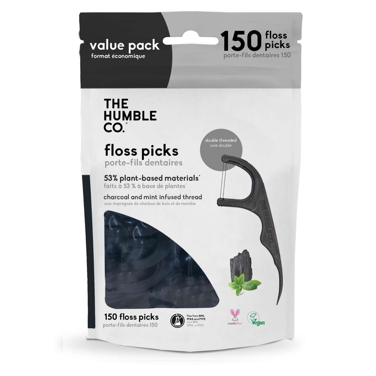 The Humble Co. Dental Floss Picks, Mint or Charcoal Mint, Case of 4 x 50 or 4 x 150 Picks - Charcoal Mint, 4 x 150 picks