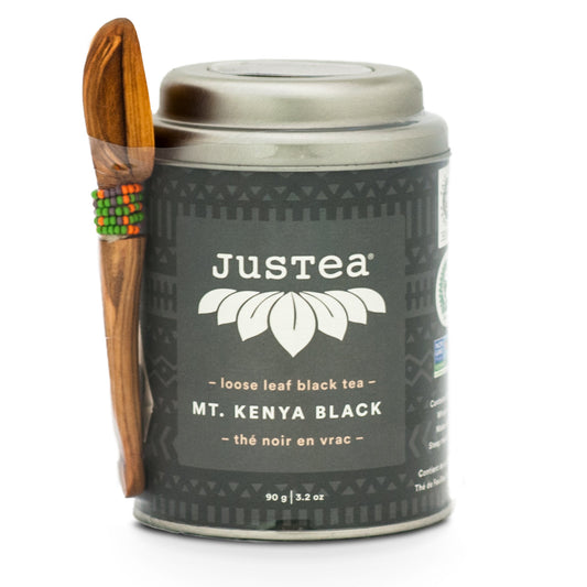 JusTea Loose Leaf Tea Tins with Spoon, Kenyan Black, Earl Grey, Chai, Green, Purple and Herbal Teas, Case of 6 Tins - Mt. Kenya Black, 6 x 90g