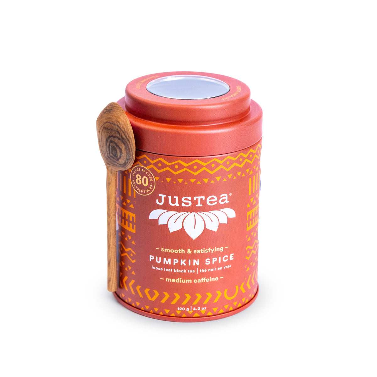JusTea Loose Leaf Tea Tins with Spoon, Kenyan Black, Earl Grey, Chai, Green, Purple and Herbal Teas, Case of 6 Tins - Pumpkin Spice, 6 x 120g