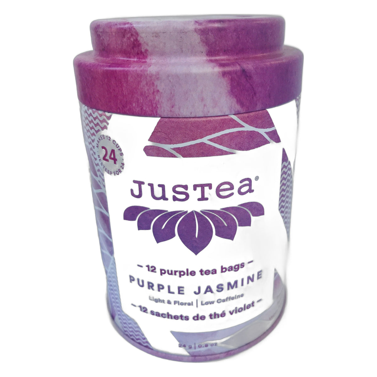 JusTea Tea Bag Tins, 12 Pyramid Tea Bags per Tin, Mt. Kenya Black, Kenyan Earl Grey, Purple Jasmine, Purple Rain or Chamomile Dream, Case of 6 Tins - Purple Jasmine