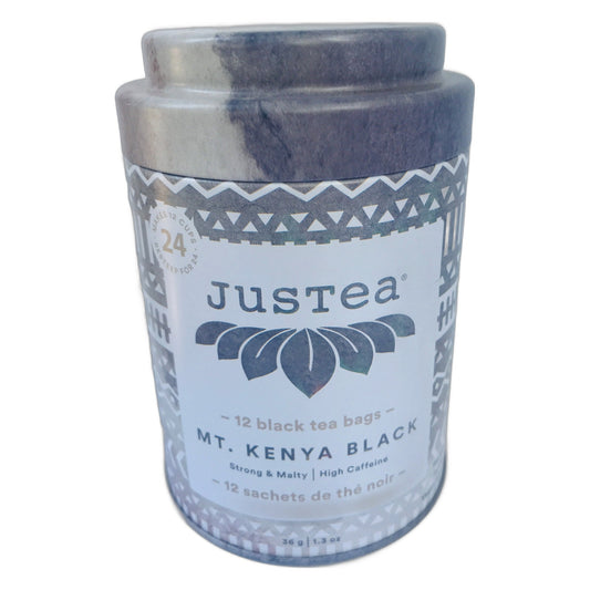 JusTea Tea Bag Tins, 12 Pyramid Tea Bags per Tin, Mt. Kenya Black, Kenyan Earl Grey, Purple Jasmine, Purple Rain or Chamomile Dream, Case of 6 Tins - Mt. Kenya Black