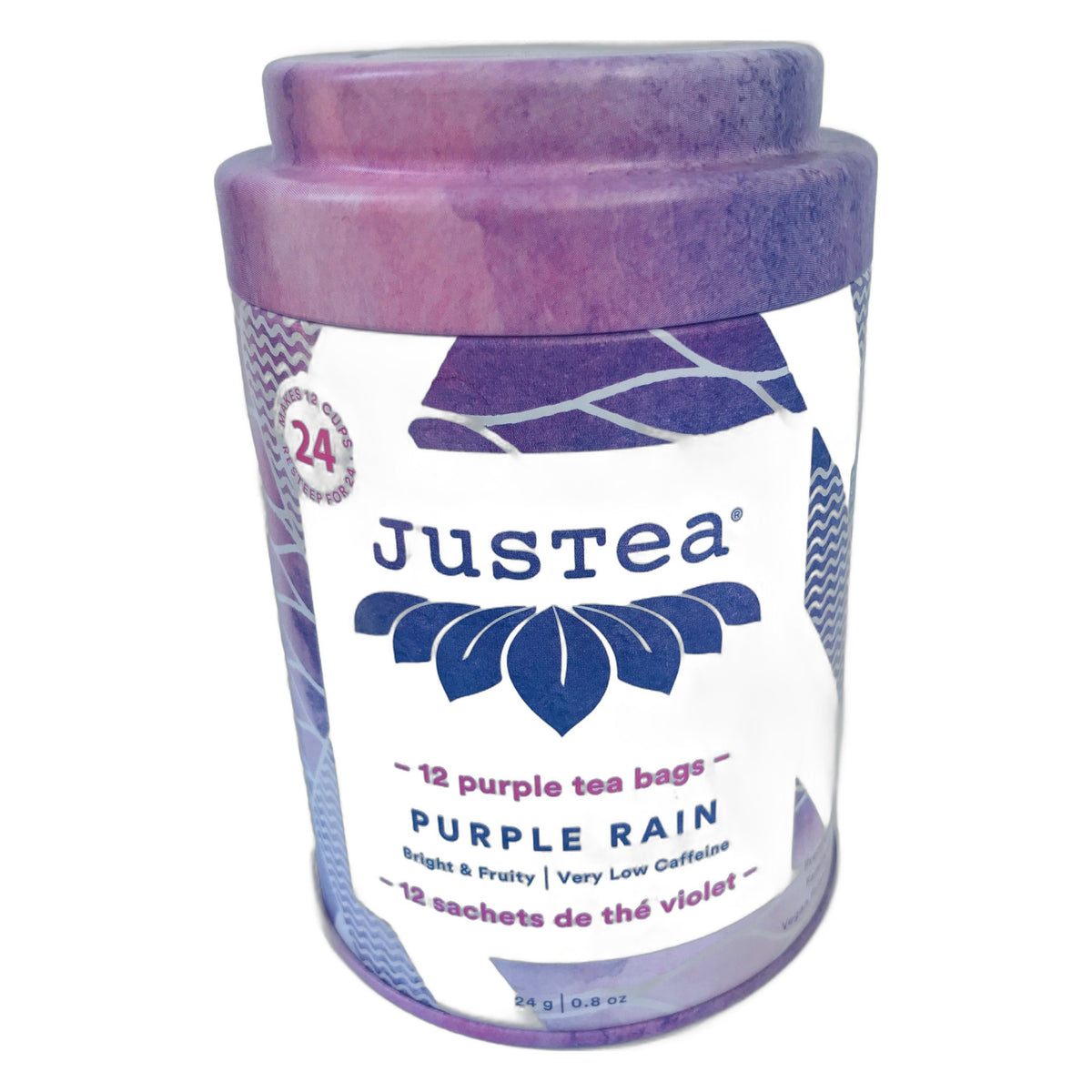 JusTea Tea Bag Tins, 12 Pyramid Tea Bags per Tin, Mt. Kenya Black, Kenyan Earl Grey, Purple Jasmine, Purple Rain or Chamomile Dream, Case of 6 Tins - Purple Rain