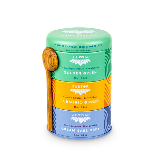 JusTea Loose Leaf Tea Trio Gift Tins, Assorted or Holiday, Three Mini Tins per Set, Case of 6 Sets - Assorted Trio (Golden Green, Turmeric Ginger, Cream Earl Grey)