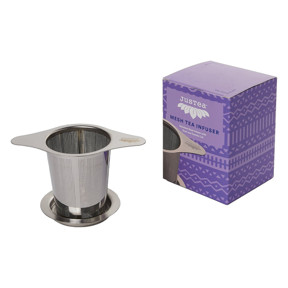 JusTea Stainless Steel Tea Infuser with Dual-Use Coaster Lid, Fine Mesh, Fits Most Mugs