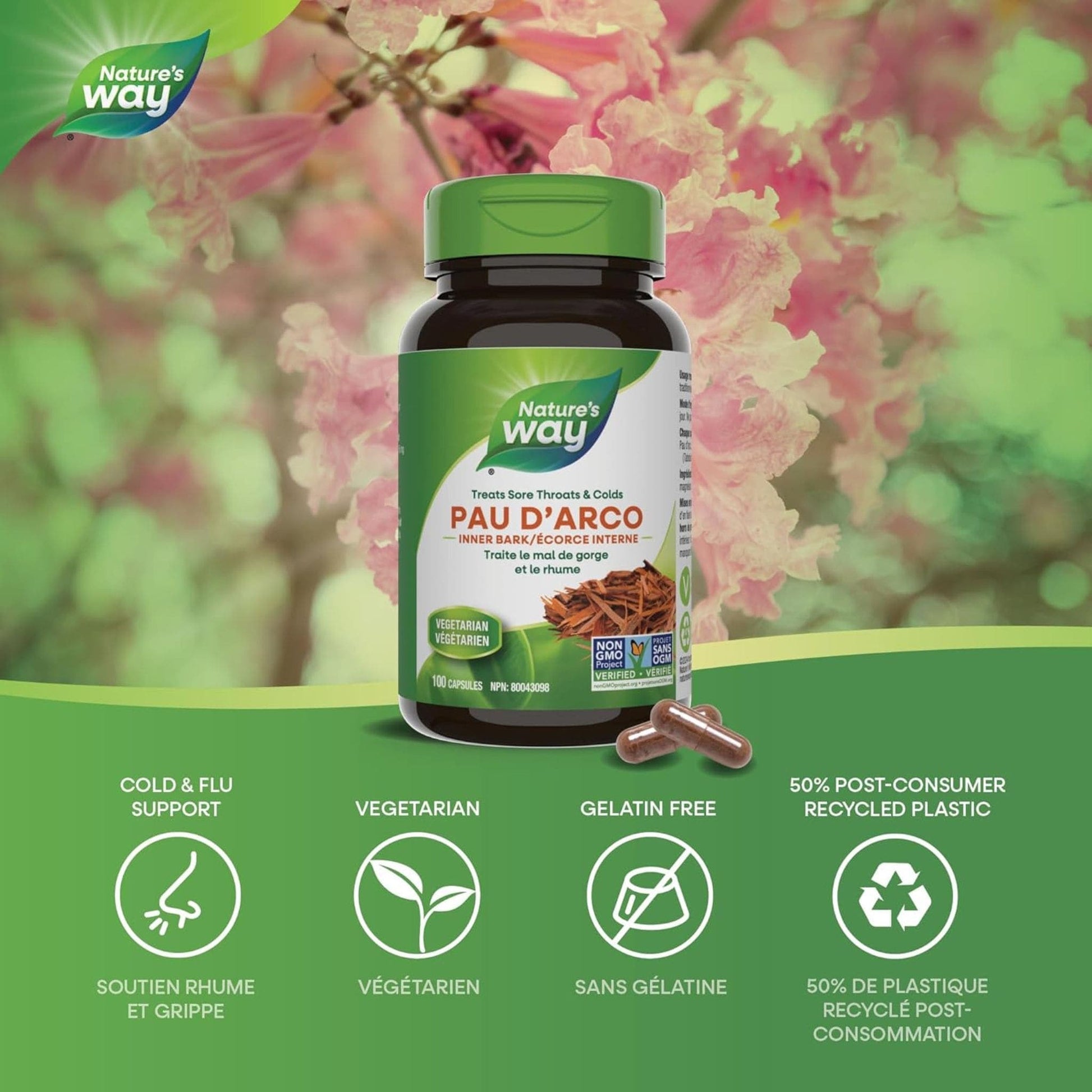 100 Vegetable Capsules | Nature's Way Pau D'Arco inner Bark