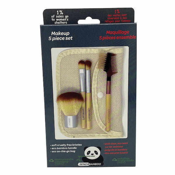 SENZABAMBOO Bamboo Makeup 4-Brush Set with Concealer, Eye Shading, Kabuki Blush Brush, Lash Comb and Jute Bag