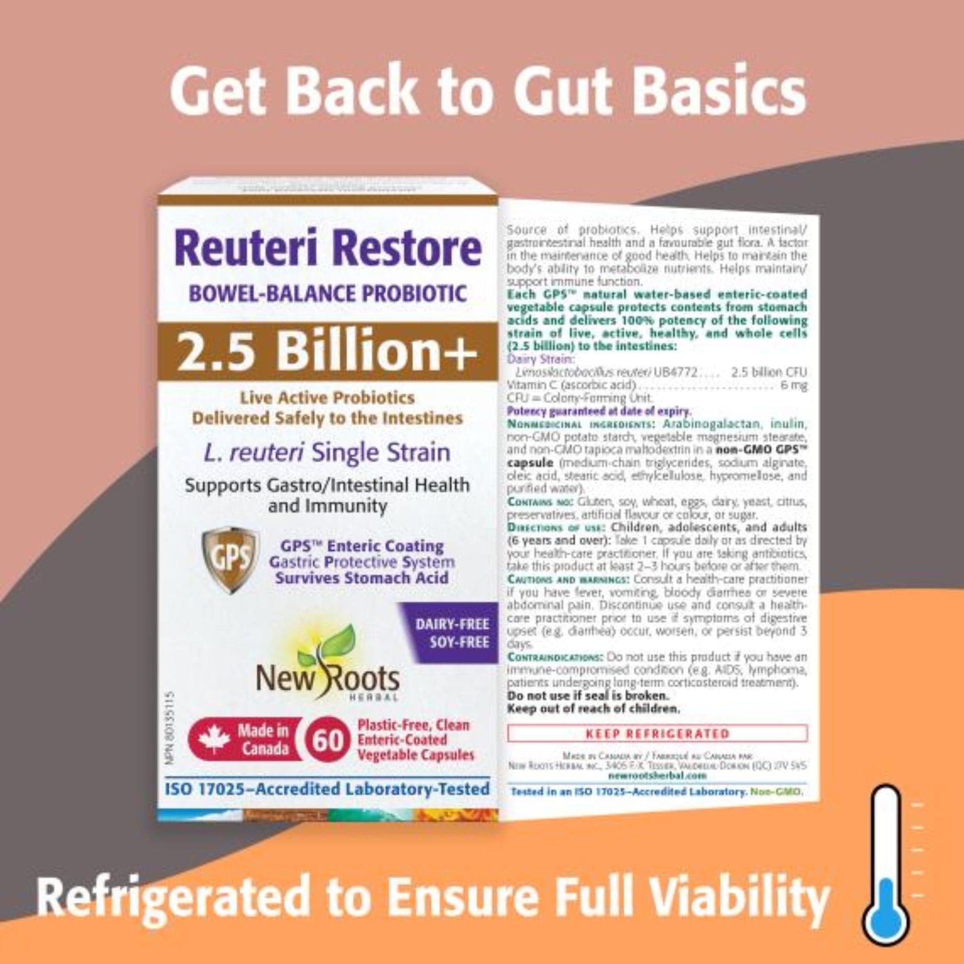 30 Enteric Coated Vegetable Capsules | New Roots Reuteri Restore Bowel-Balance Probiotic, 2.5 Billion+