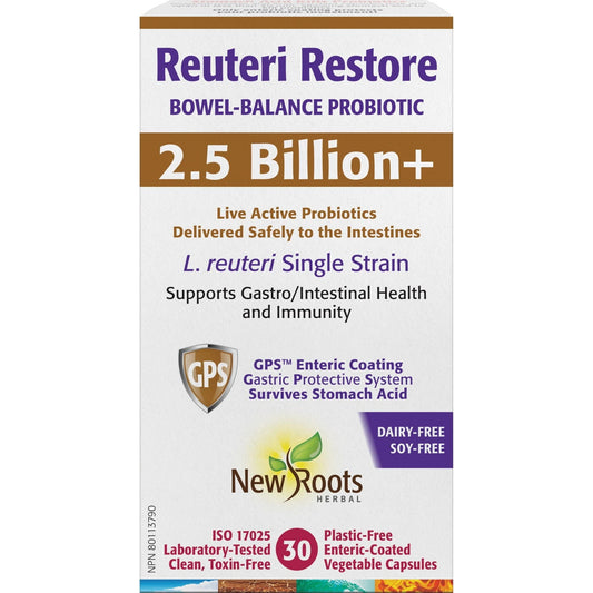 30 Vegetable Capsules | New Roots Reuteri Restore Bowel-Balance Probiotic, 2.5 Billion+