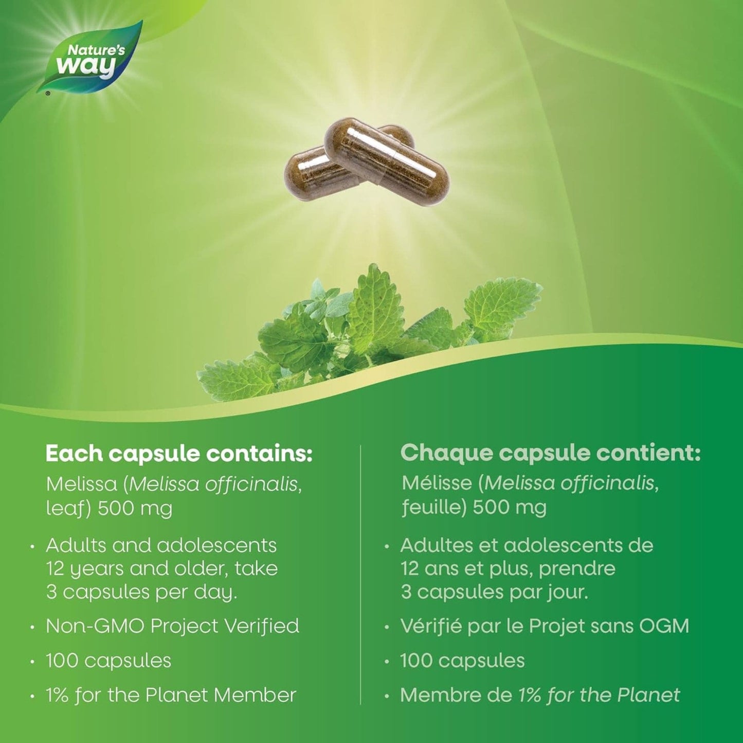 100 Vegetarian Capsules | Nature's Way Melissa Leaves