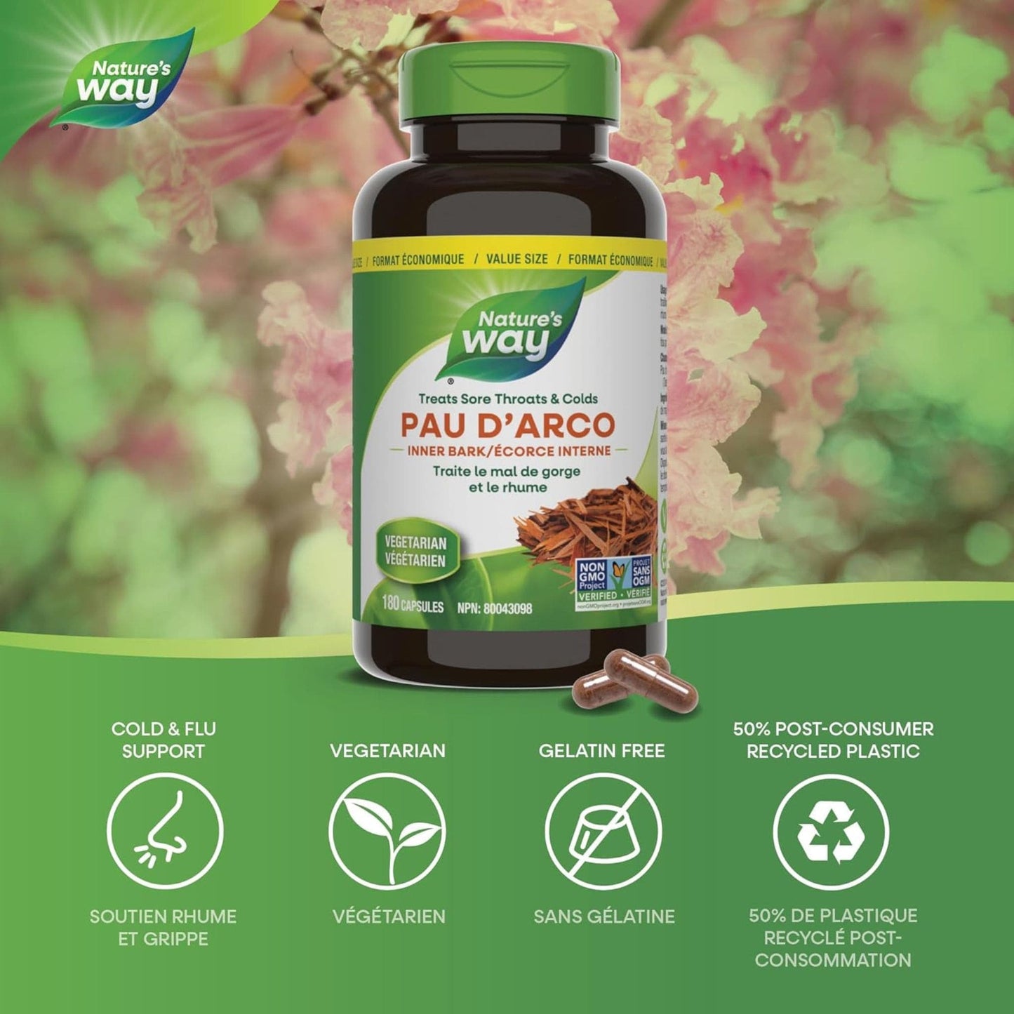 180 Vegetable Capsules | Nature's Way Pau D'Arco inner Bark