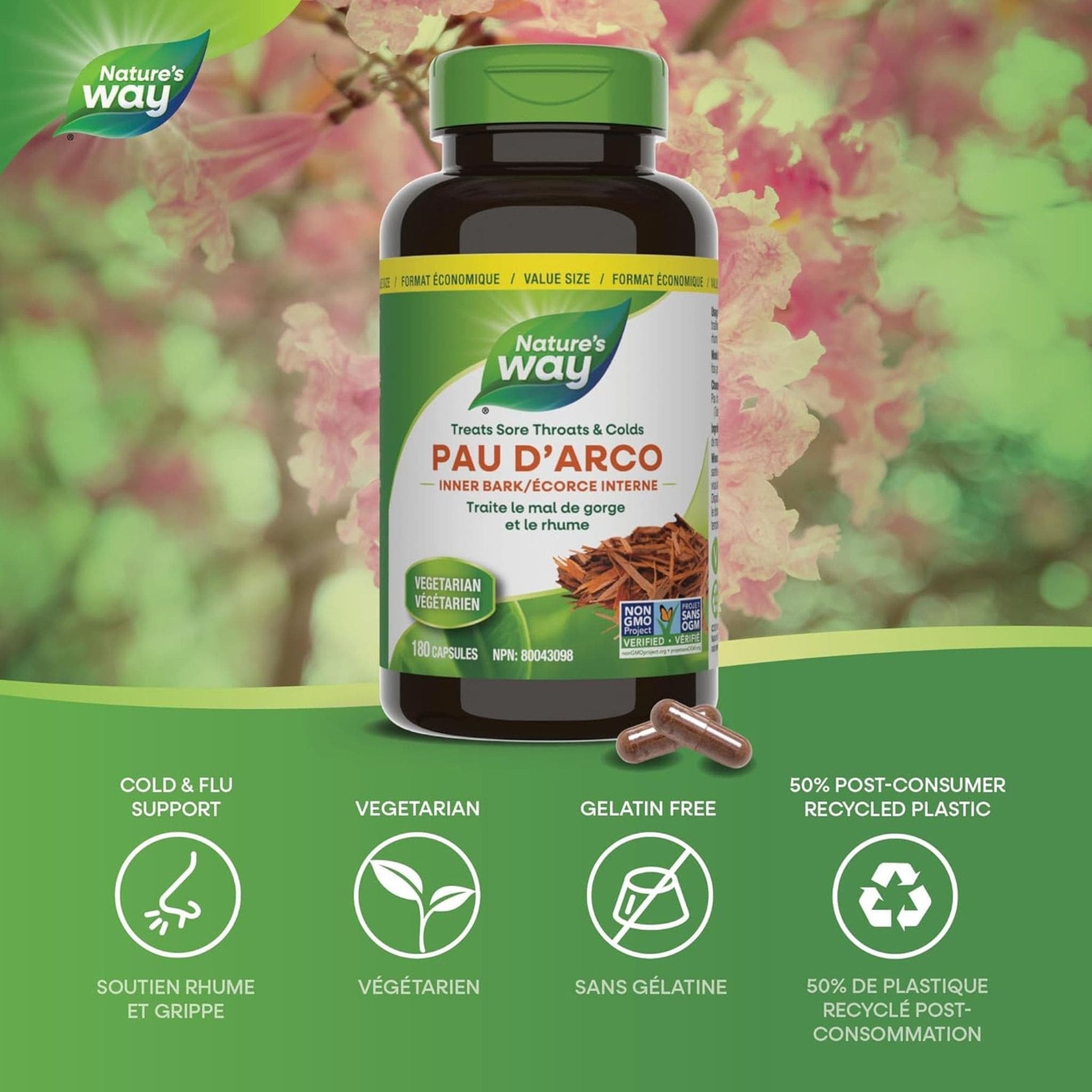 180 Vegetable Capsules | Nature's Way Pau D'Arco inner Bark