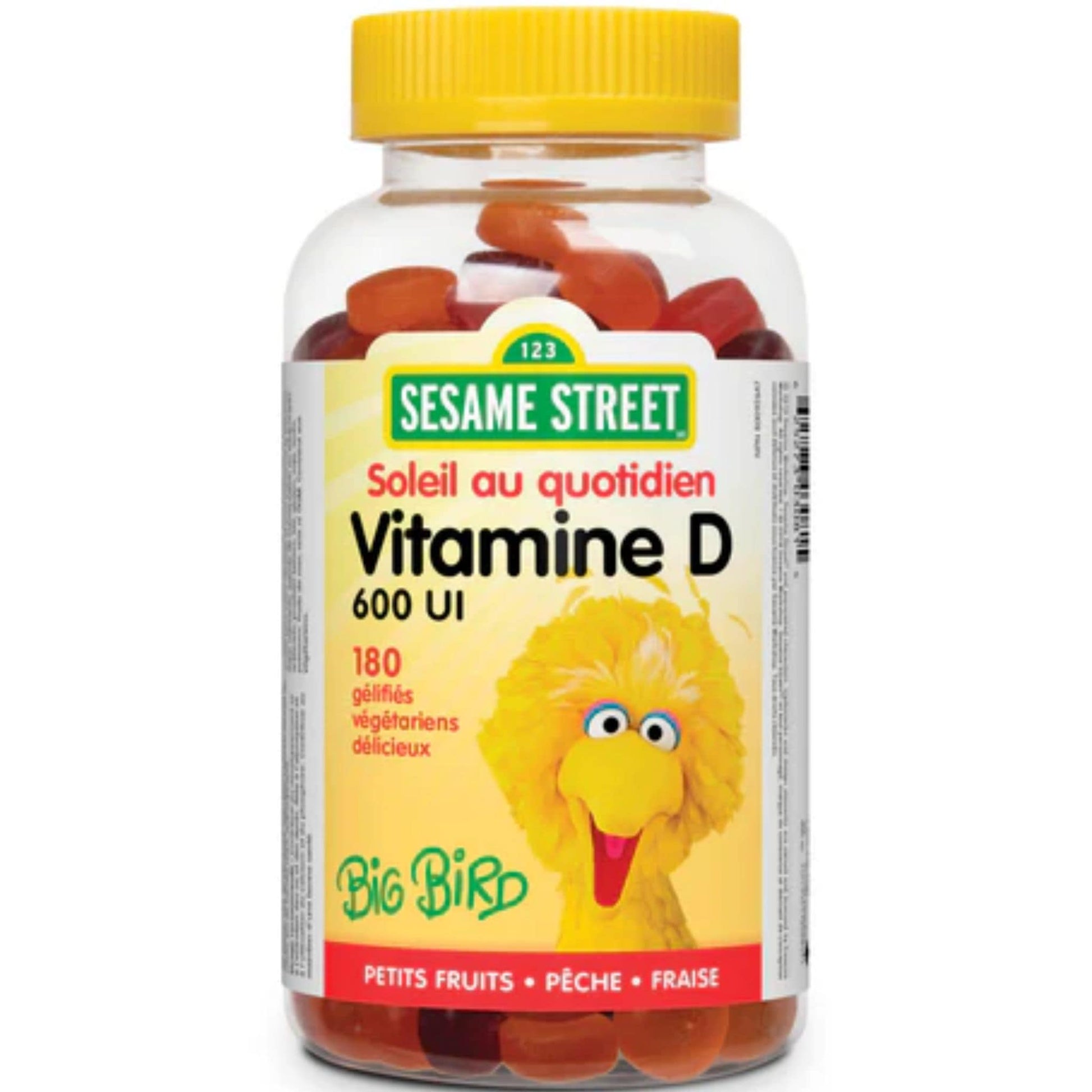 Mixed Berry, Peach, Strawberry 180 Vegetarian Gummies | Webber Naturals Sesame Street Daily Sunshine Vitamin D 600IU // French Bottle