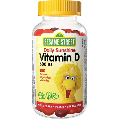 Mixed Berry, Peach, Strawberry 180 Vegetarian Gummies | Webber Naturals Sesame Street Daily Sunshine Vitamin D 600IU // mixed berry, peach, strawberry flavour