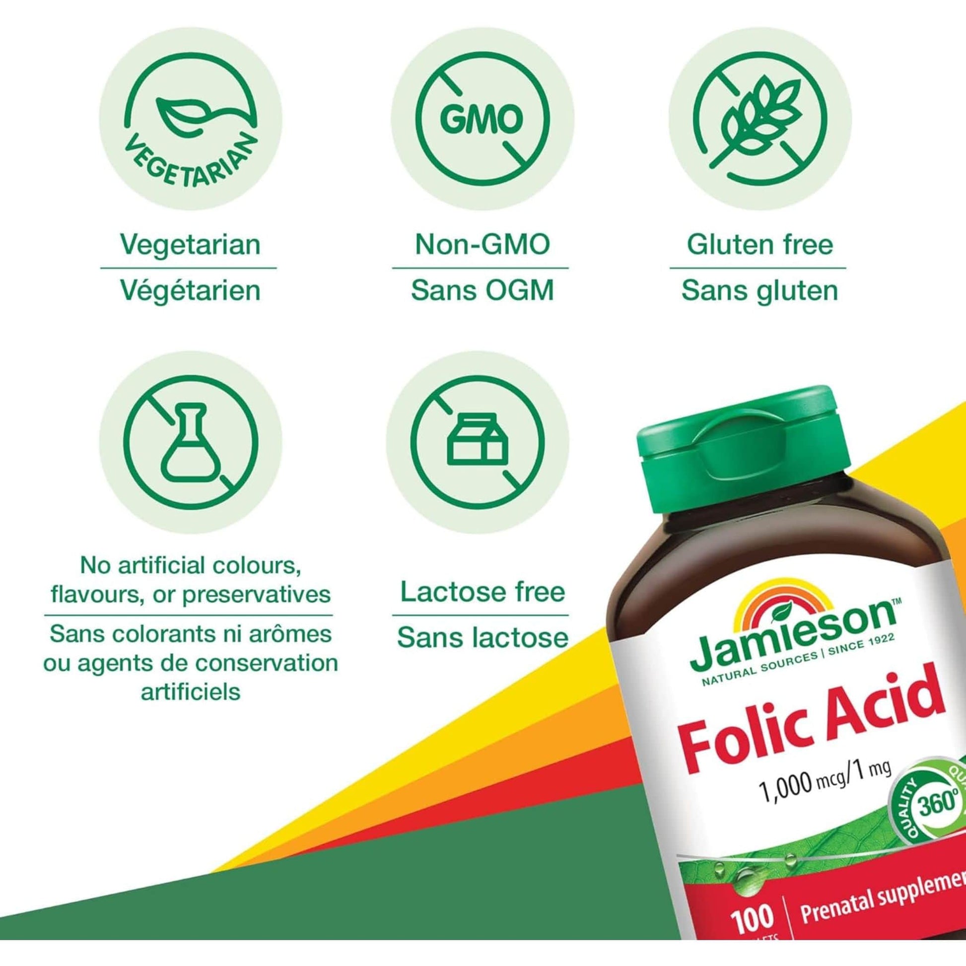 100 Tablets | Jamieson Folic Acid 1,000 mcg/1 mg