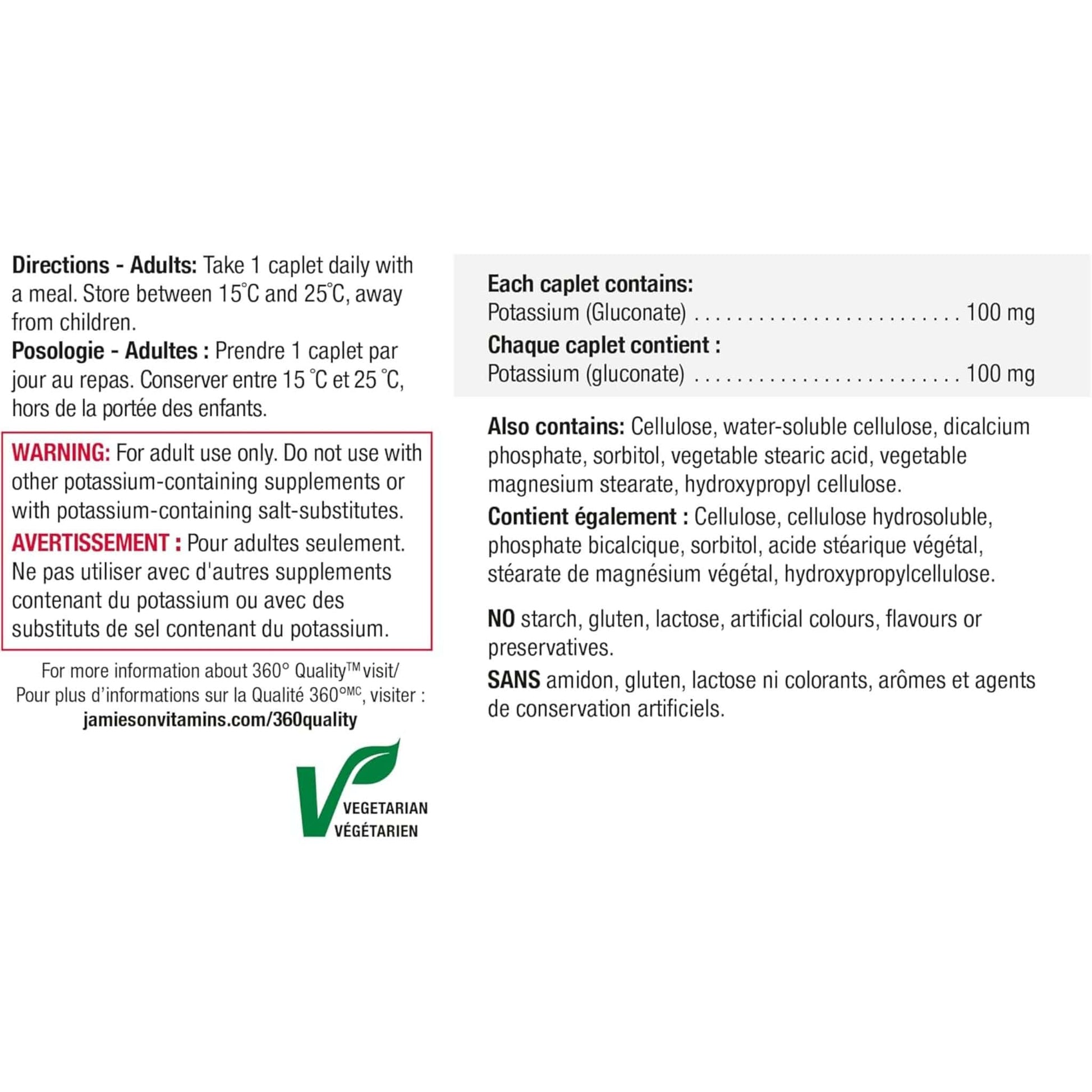 100 Caplets | Jamieson Potassium 100 mg Timed Release, Extra Strength