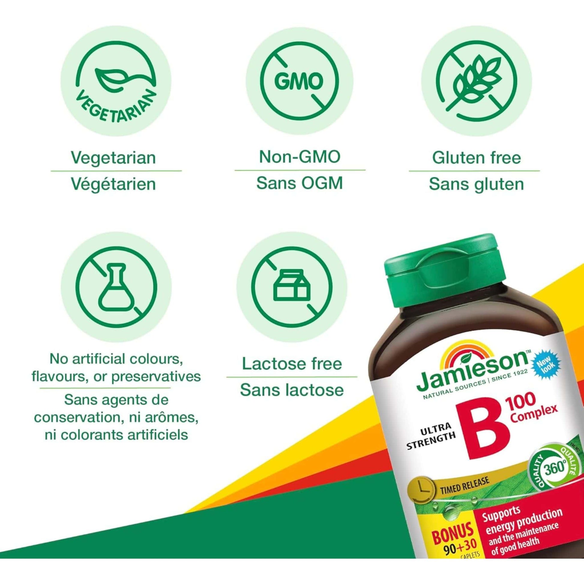 Bonus, 90+30 Caplets | Jamieson Vitamin B-100 Complex Ultra Strength, Timed Release 100mg